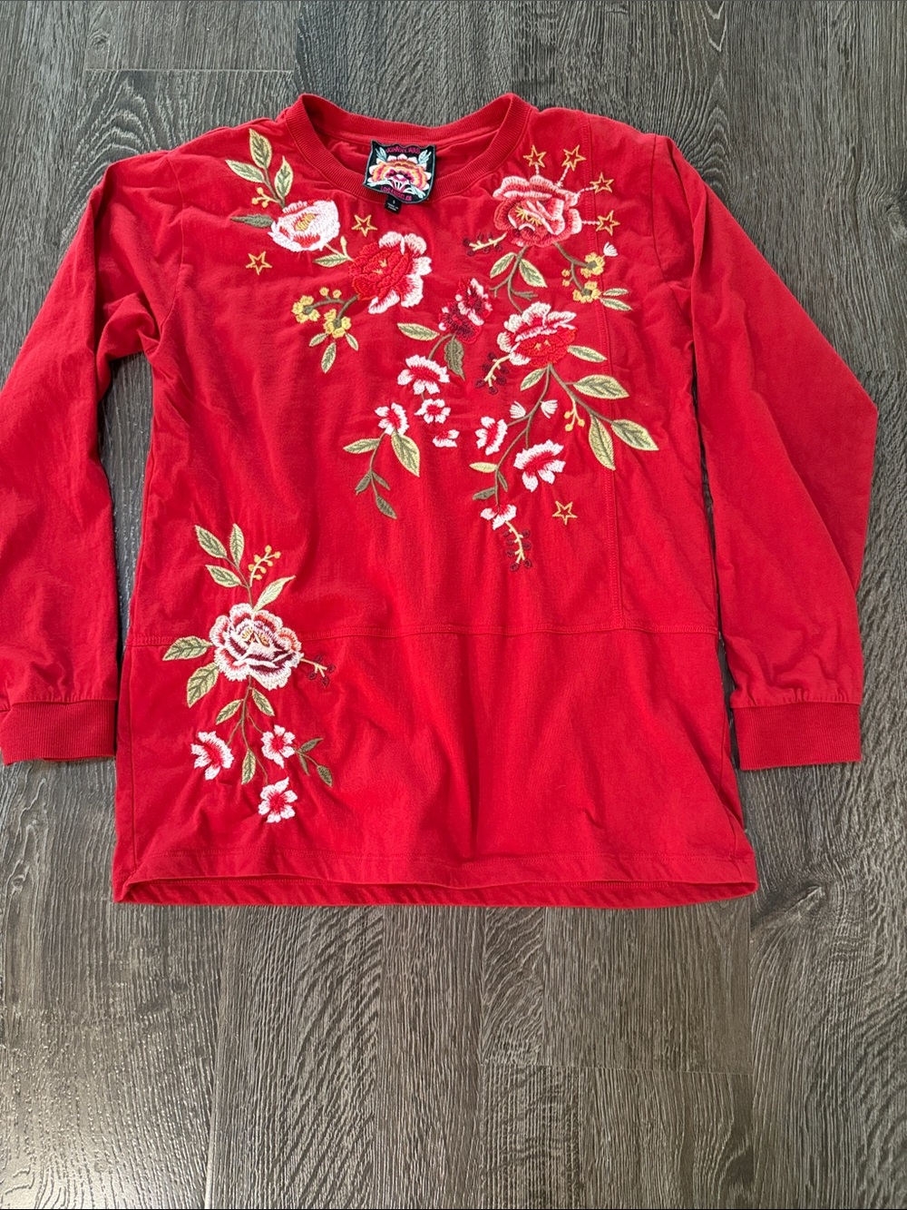 Johnny Was Red Long Sleeved Embroidered Top Size Small